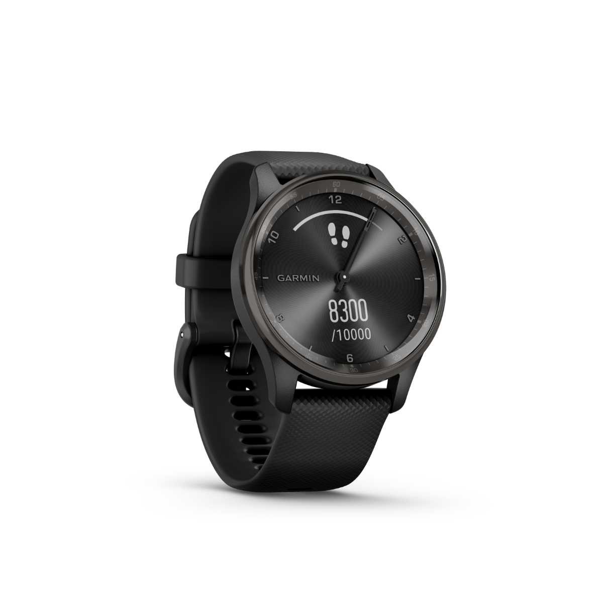 Garmin vivomove Trend smartwatch with slate bezel, black case, and silicone band