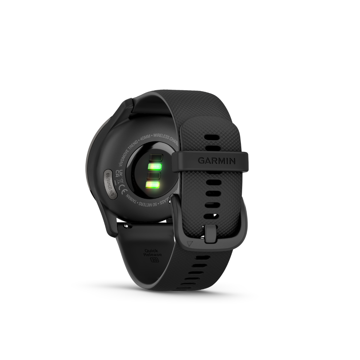 Garmin vivomove Trend smartwatch with slate bezel and black silicone band