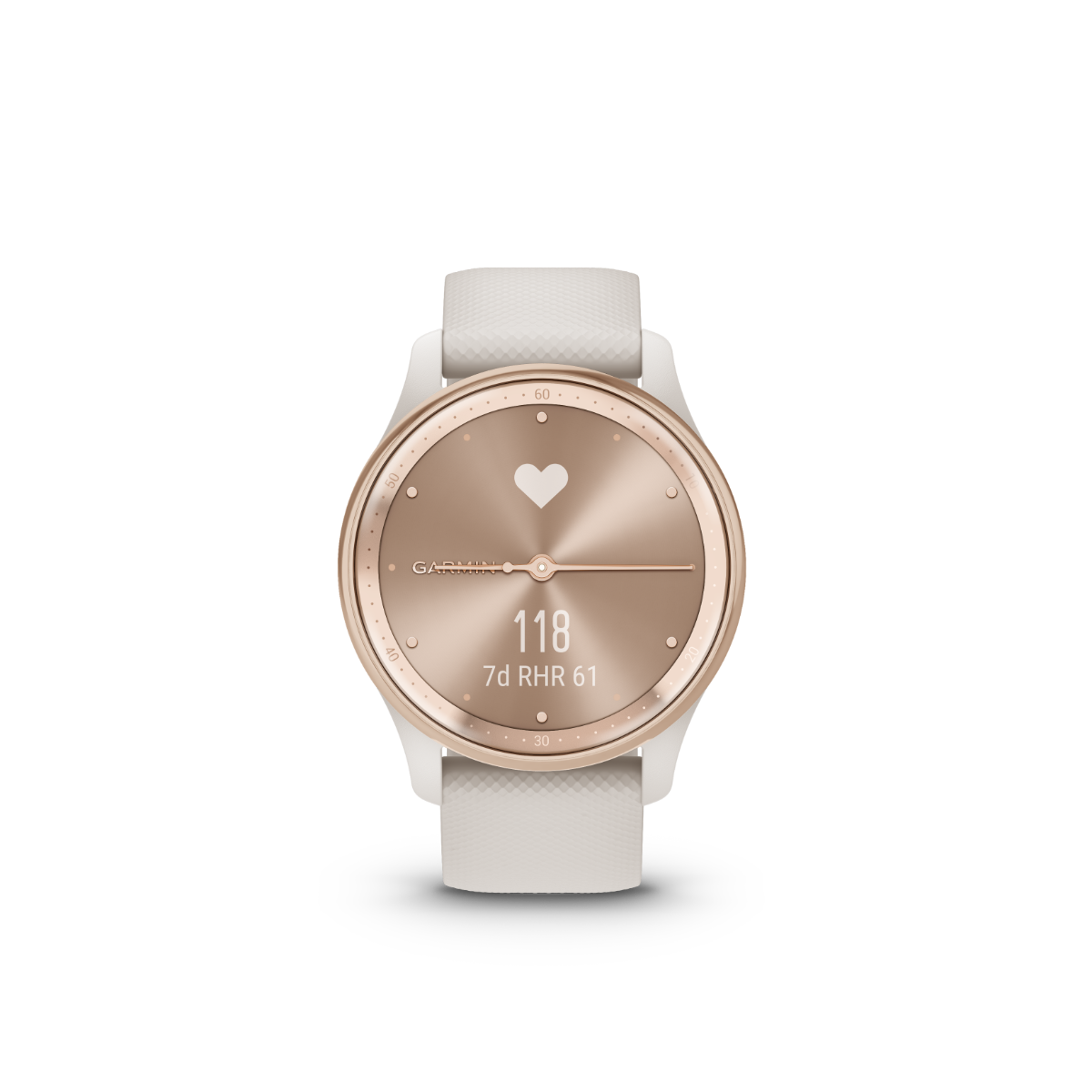 Garmin vivomove Trend smartwatch, peach gold bezel, ivory case, white silicone band.