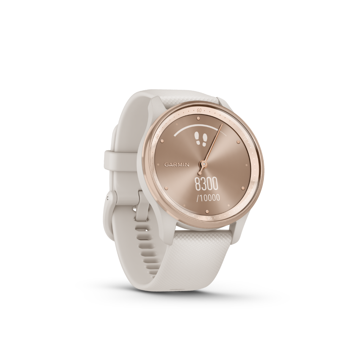 Garmin vivomove Trend smartwatch with peach-gold bezel and white silicone band