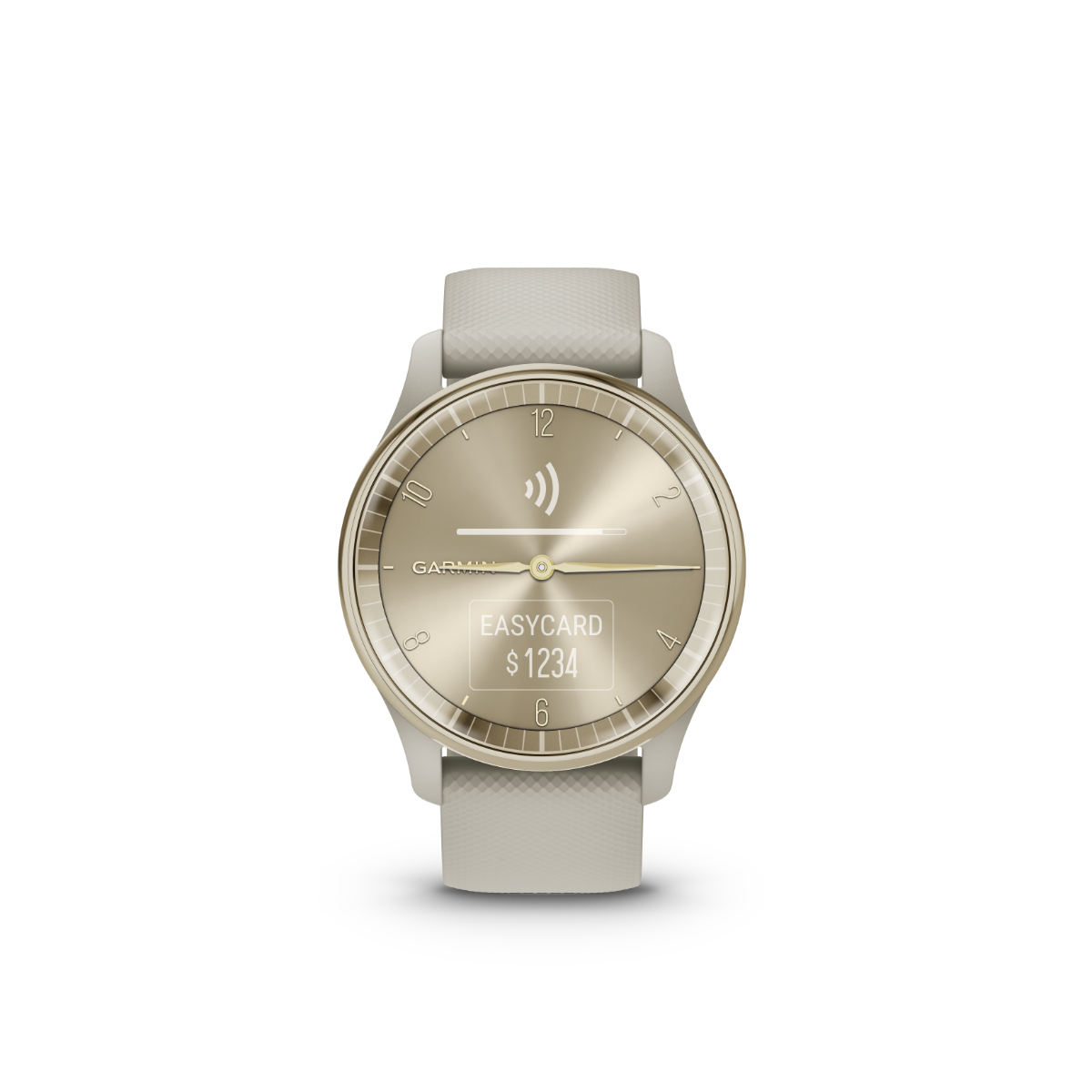 Garmin vivomove Trend watch, cream-gold stainless bezel, French Gray case, silicone band