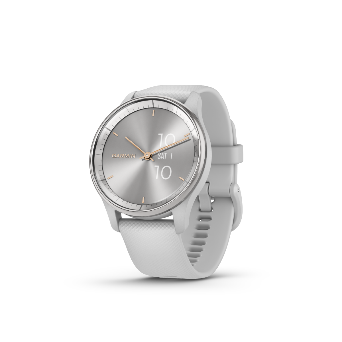 Garmin vivomove Trend smartwatch with silver stainless-steel bezel, mist gray case, and white silicone band