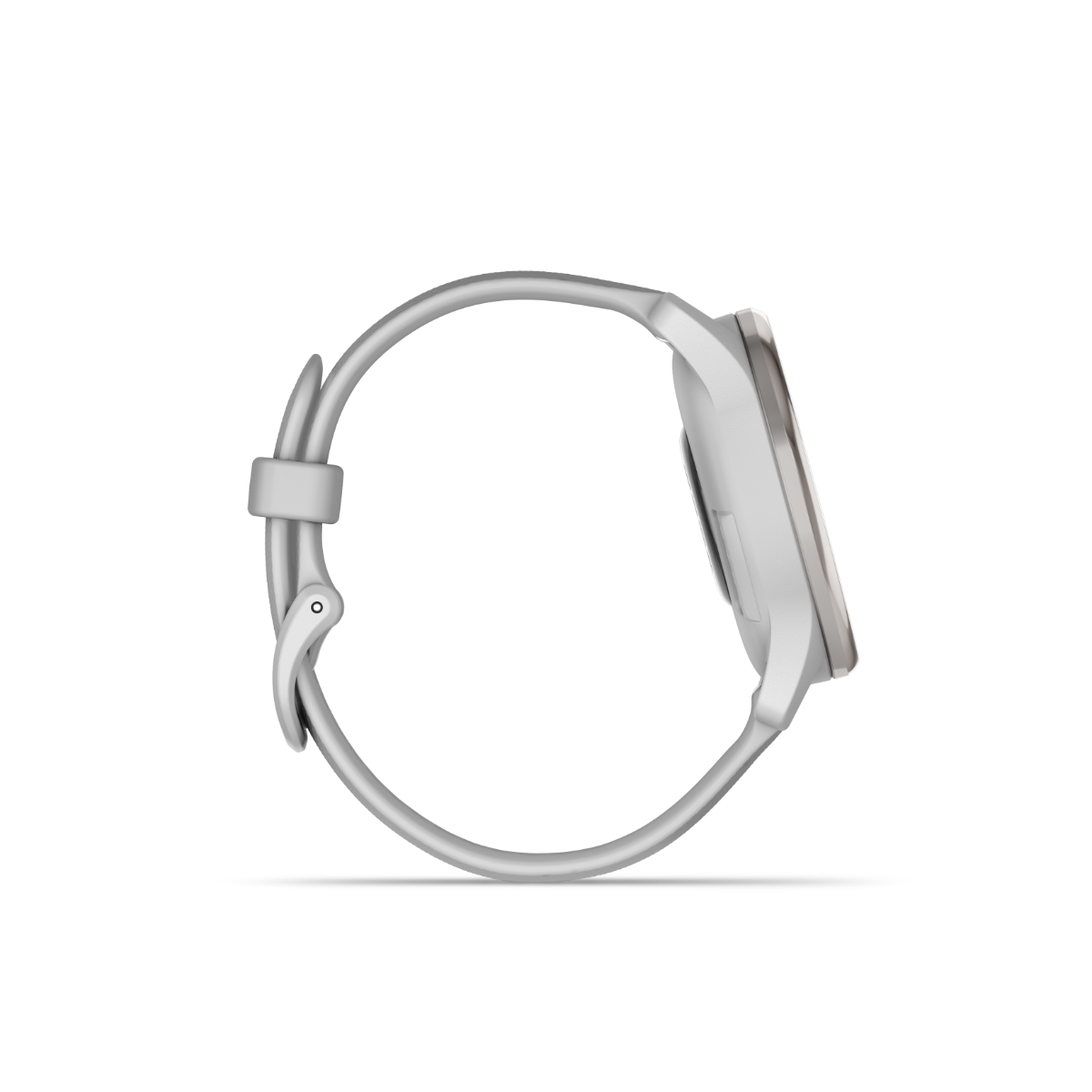 Garmin vivomove Trend smart watch with silver stainless-steel bezel, mist gray case, and silicone band