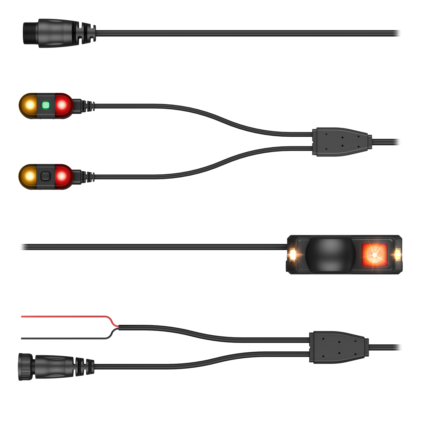 Garmin Xero R1 Radar kit with radar sensor, wiring harness, and amber/red indicator lights