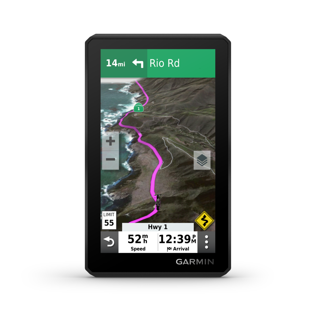 Garmin Zumo XT GPS navigation device, Garmin Certified Refurbished, black handheld with coastal route on screen.