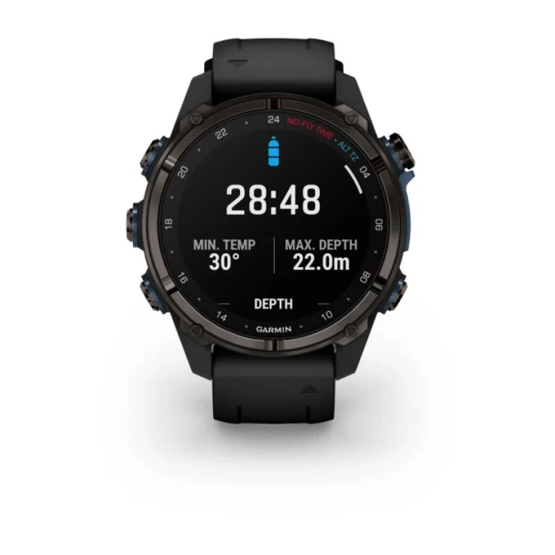 Garmin Descent Mk3i dive computer watch; 43 mm carbon grey DLC titanium case with black silicone band