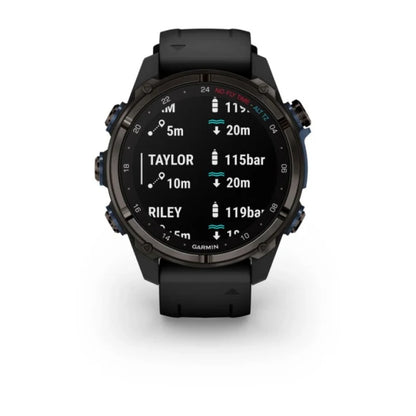 Garmin Descent Mk3i dive computer watch, 43 mm carbon-grey DLC titanium case, black silicone band