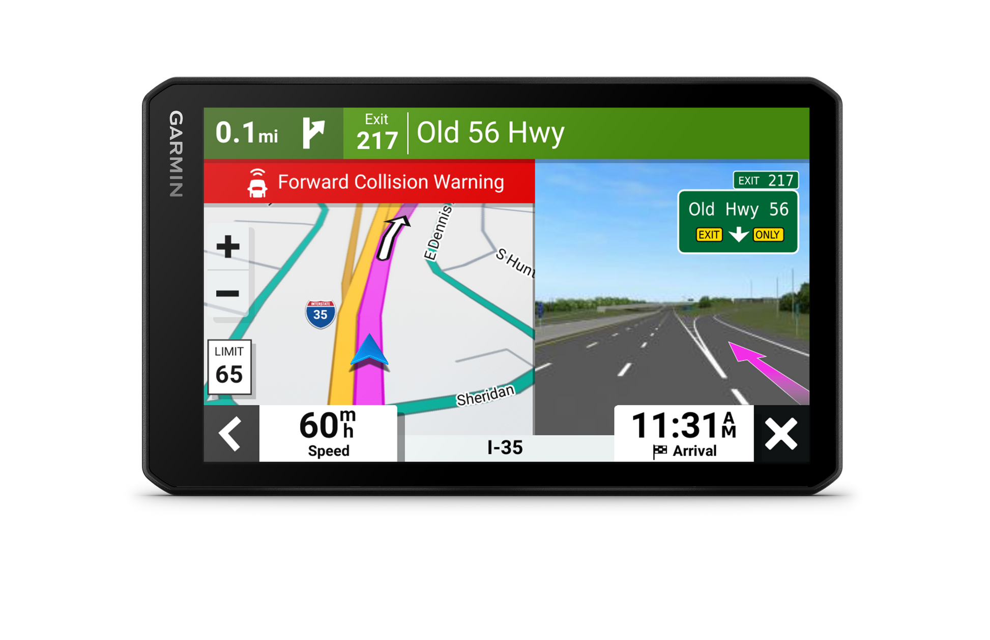 Garmin RV Cam 795, GPS Navigator 7-inch with Built-in Dash Cam (010-02728-00) displays navigation and alerts.