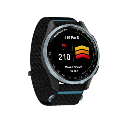 Garmin Approach J1 golf GPS smartwatch with cloud blue aluminum bezel and black ComfortFit band.