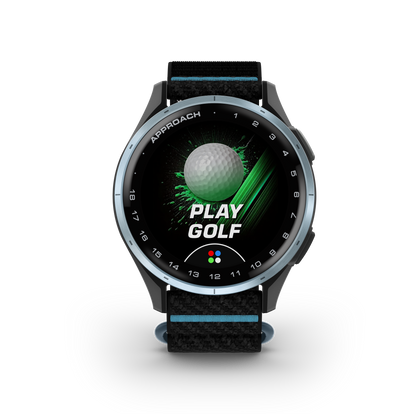 Garmin Approach J1 golf GPS smartwatch with cloud blue aluminum bezel and black ComfortFit strap
