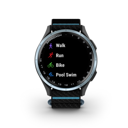 Garmin Approach J1 golf GPS smartwatch with cloud-blue aluminum bezel and black ComfortFit band