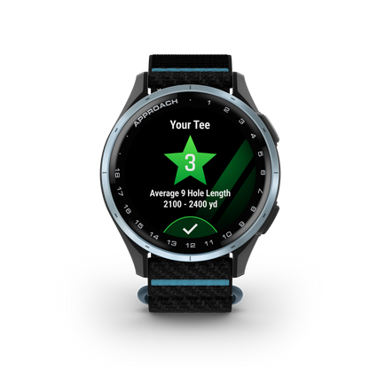 Garmin Approach J1 golf GPS smartwatch with cloud blue aluminum bezel and black ComfortFit band