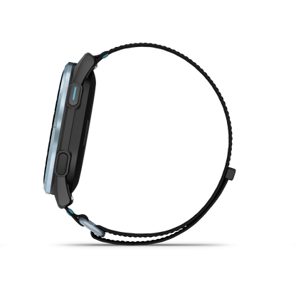 Garmin Approach J1 golf GPS smartwatch with cloud blue aluminum bezel and black ComfortFit band
