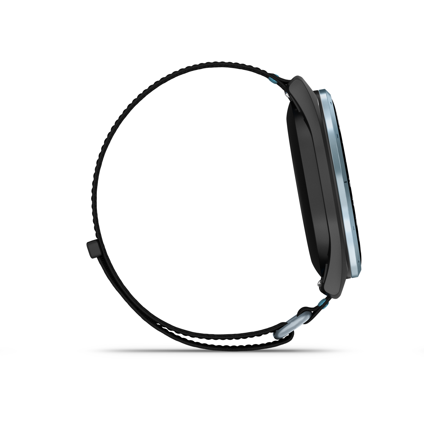 Garmin Approach J1 golf GPS watch with cloud blue aluminum bezel and black ComfortFit band.