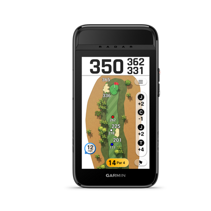Garmin Approach G82 handheld GPS golf device in black with hole map and distances