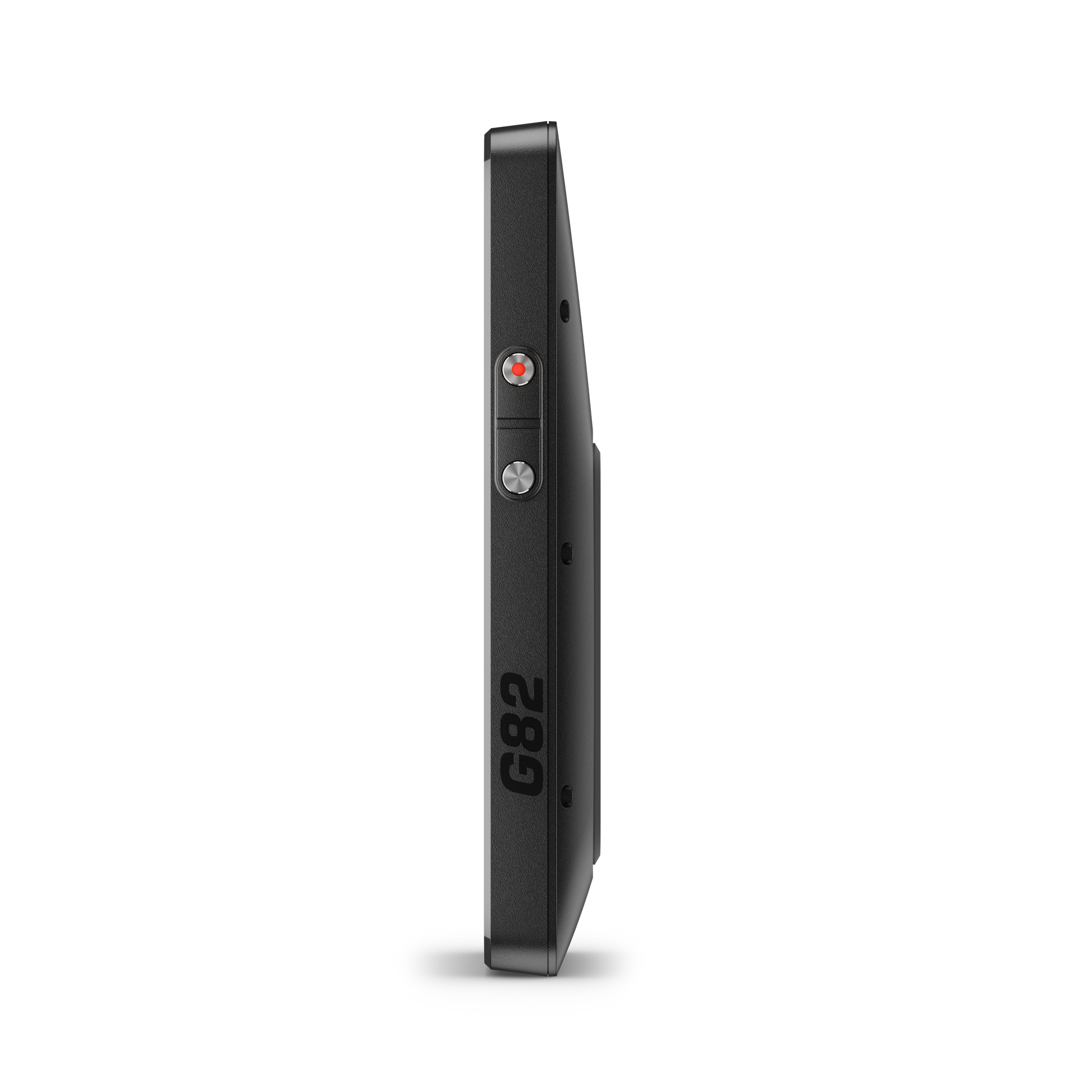 Garmin G82 handheld GPS golf device with launch monitor, black body, red record button, silver dial.