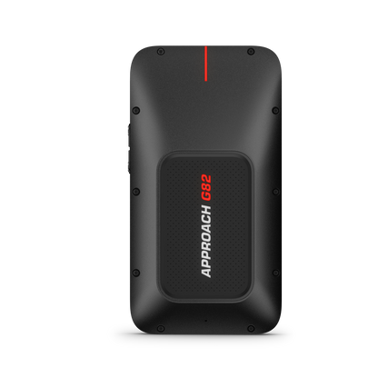 Garmin Approach G82 handheld GPS launch monitor, black with red logo panel and textured back panel.