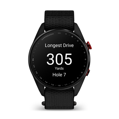 Garmin Approach S72 smartwatch, 47 mm carbon gray/red DLC titanium bezel with black ComfortFit fabric band