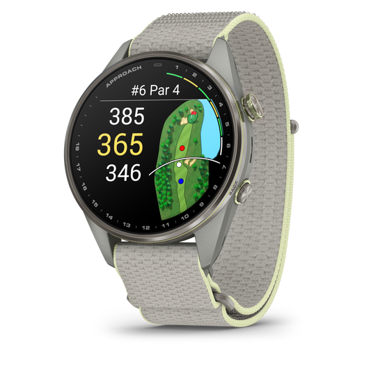 Garmin Approach S72 smartwatch, 47 mm silver/citron titanium bezel with fog gray/citron ComfortFit fabric band