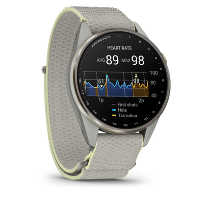 Garmin Approach S72 smartwatch, 47mm silver titanium bezel with citron accent, fog gray/citron ComfortFit fabric band