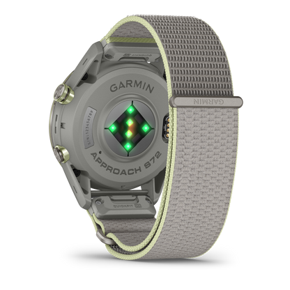 Garmin Approach S72 smartwatch back view, 47mm silver titanium bezel, fog gray/citron ComfortFit fabric band