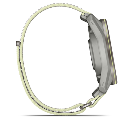 Garmin Approach S72 smartwatch, 47mm silver titanium bezel with fog gray/citron ComfortFit fabric band