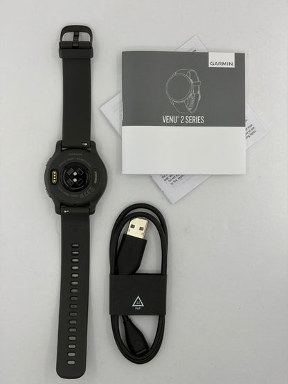Garmin Venu 2s smartwatch, slate bezel with graphite case, certified refurbished, includes charging cable.