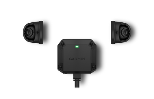 Garmin dēzl DualView dash cam with dual side cameras and green LED indicator.
