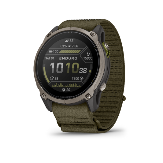 Garmin Enduro 4 smartwatch with gray bezel and olive band, ultraperformance GPS