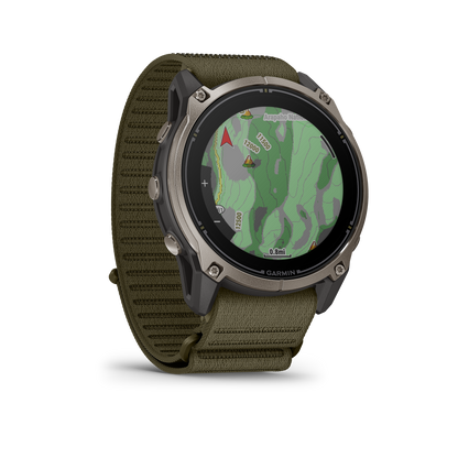 Garmin Enduro 4 smartwatch with gray/olive band and map display on round bezel.