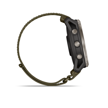 Garmin Enduro 4 smartwatch with gray case and olive band