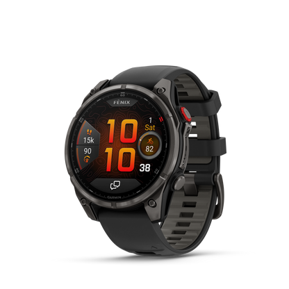 Garmin Fenix ​​8, 47 mm AMOLED, saphir solaire, titane DLC gris carbone avec bracelet en silicone noir/gris galet (010-02906-10)