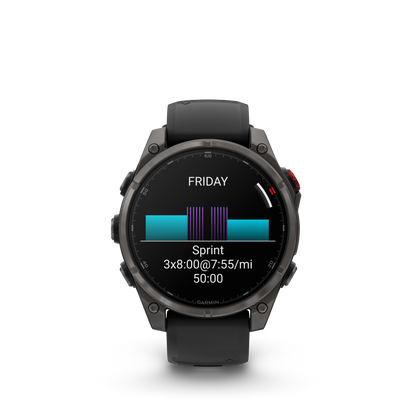 Garmin Fenix ​​8, 47 mm AMOLED, saphir solaire, titane DLC gris carbone avec bracelet en silicone noir/gris galet (010-02906-10)