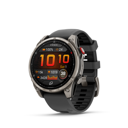 Garmin Fenix ​​8, 47 mm AMOLED, saphir solaire, titane DLC gris carbone avec bracelet en silicone noir/gris galet (010-02906-10)