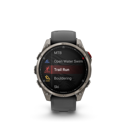 Garmin Fenix ​​8, 47 mm AMOLED, saphir solaire, titane DLC gris carbone avec bracelet en silicone noir/gris galet (010-02906-10)
