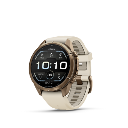 Garmin Fenix 9 Pro AMOLED, (43mm), Gold Titanium w/ Cream and Gray Silicone Band (010-04335-25)