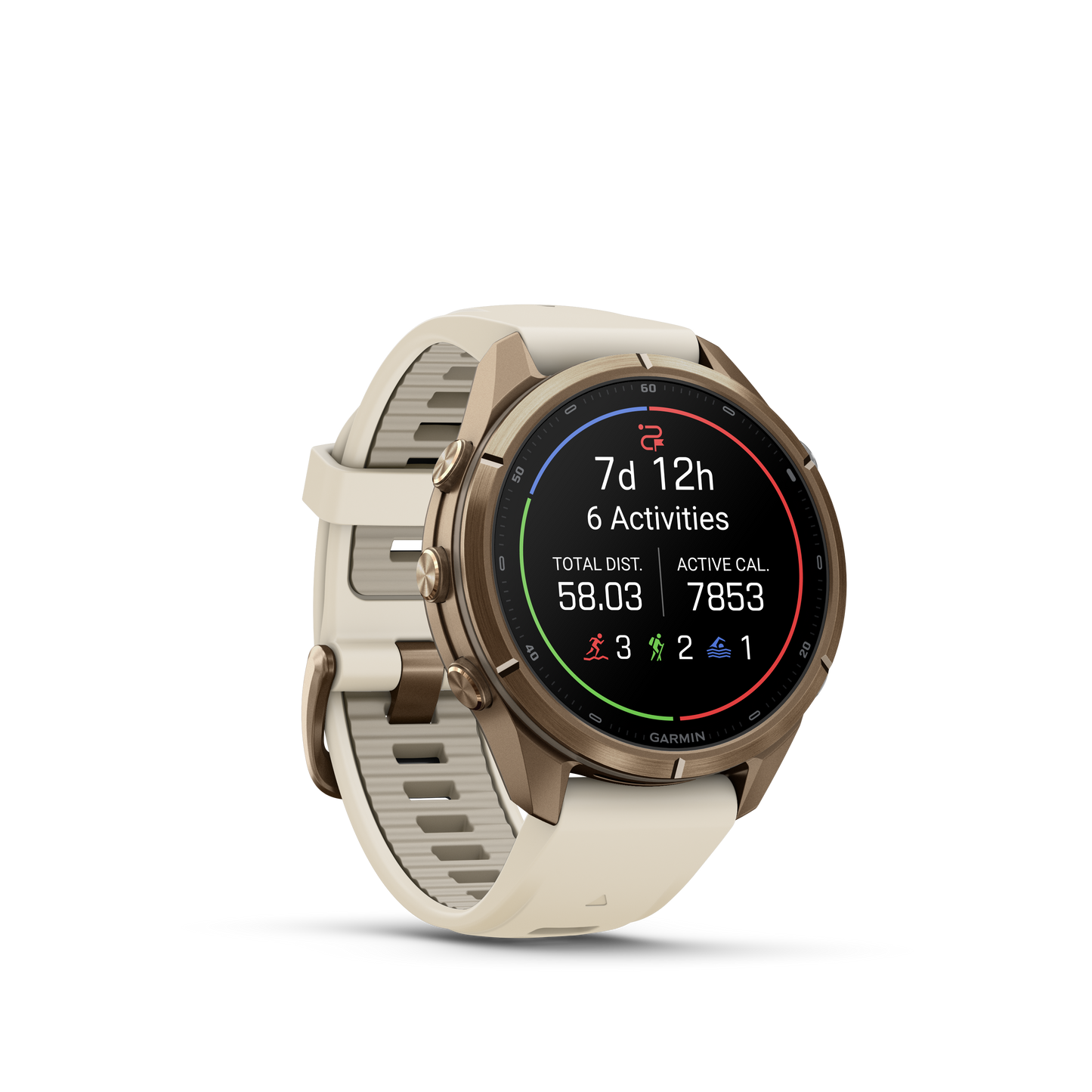 Garmin Fenix 9 Pro AMOLED, (43mm), Gold Titanium w/ Cream and Gray Silicone Band (010-04335-25)