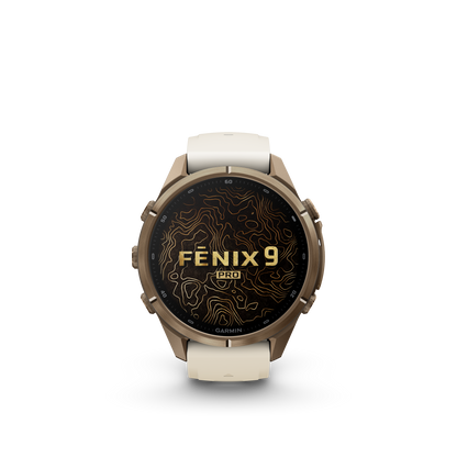 Garmin Fenix 9 Pro AMOLED, (43mm), Gold Titanium w/ Cream and Gray Silicone Band (010-04335-25)
