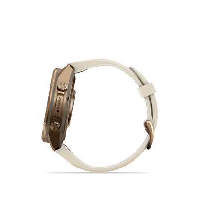 Garmin Fenix 9 Pro AMOLED, (43mm), Gold Titanium w/ Cream and Gray Silicone Band (010-04335-25)