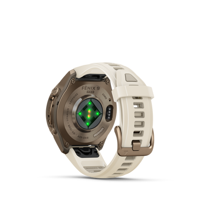 Garmin Fenix 9 Pro AMOLED, (43mm), Gold Titanium w/ Cream and Gray Silicone Band (010-04335-25)