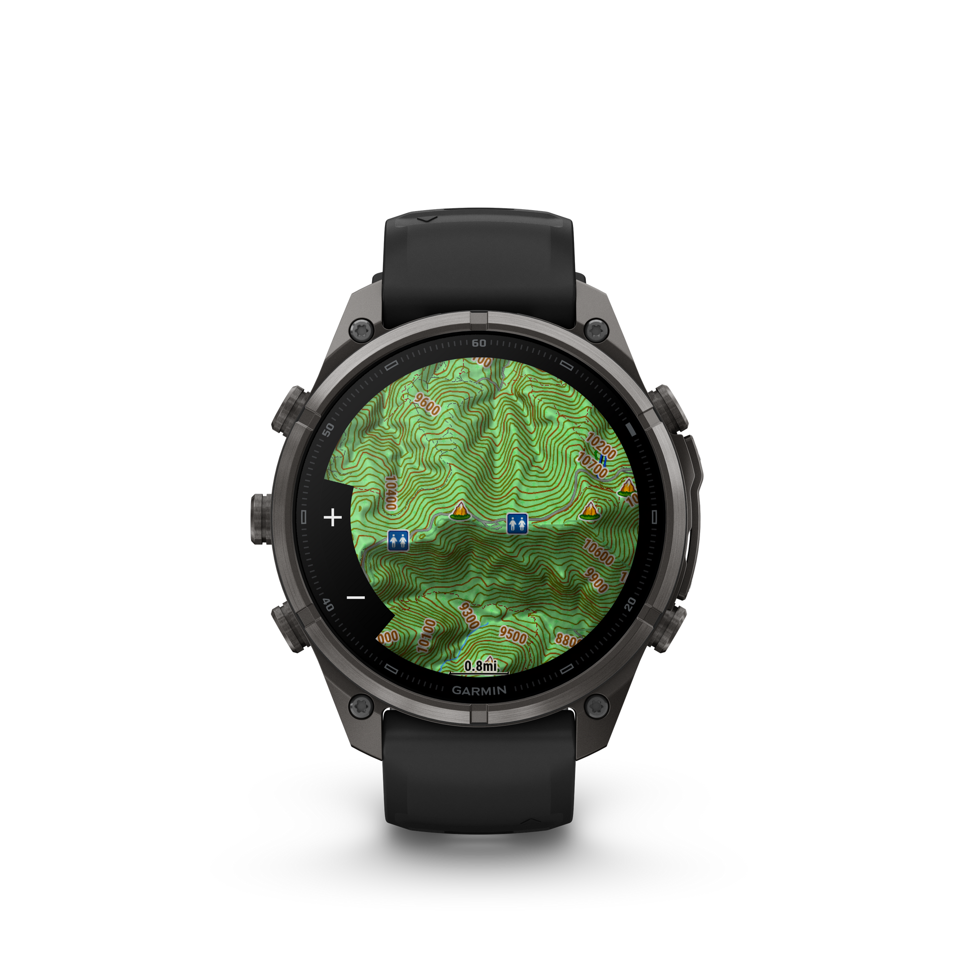 Garmin Fenix 9 Pro AMOLED 47mm DLC Titanium smartwatch with black/gray silicone band and map display