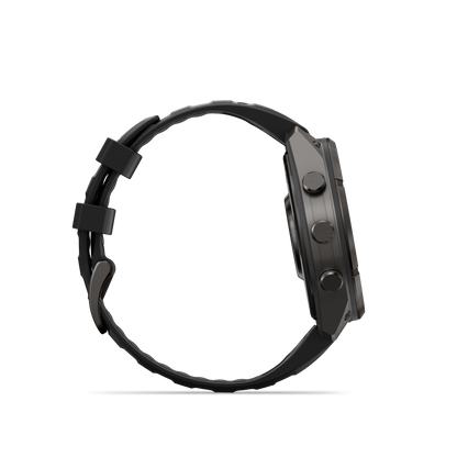 Garmin Fenix 9 Pro AMOLED 47mm DLC Titanium smartwatch with black and gray silicone band.