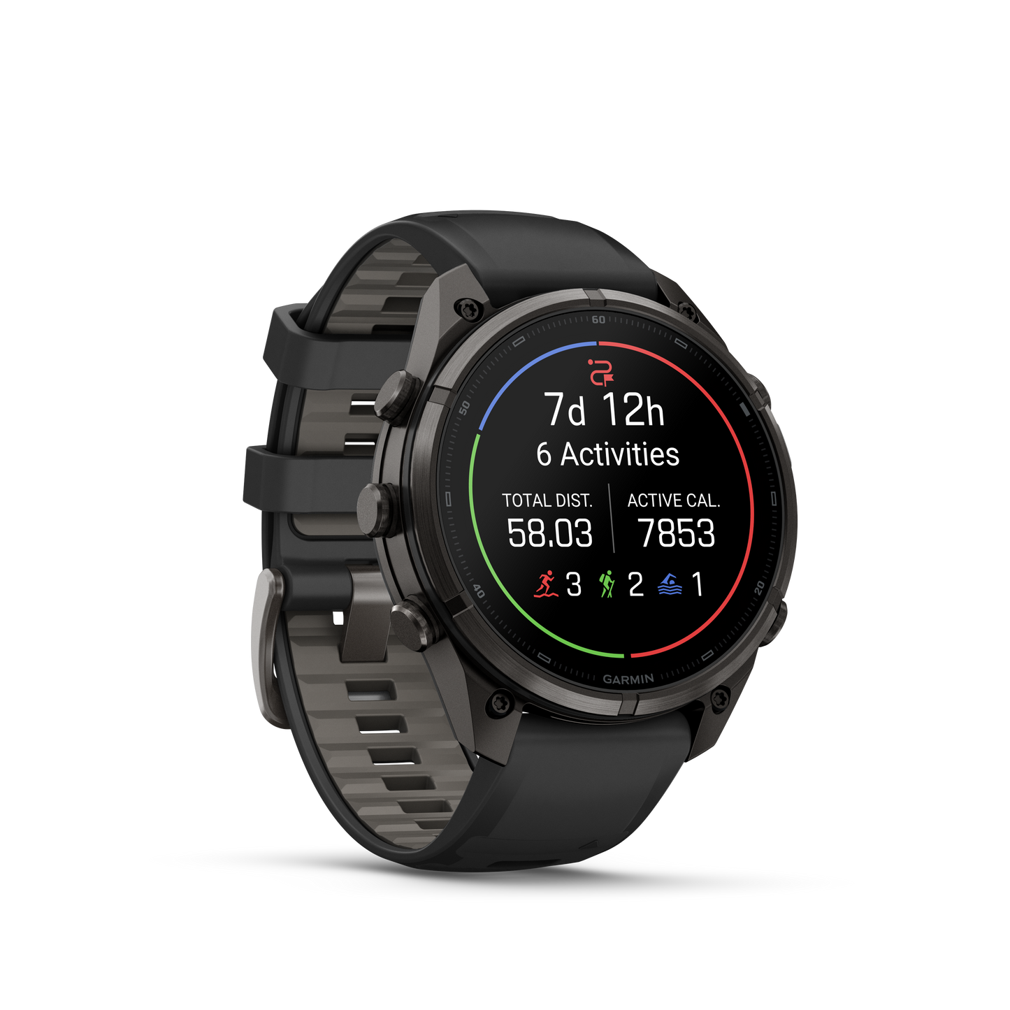 Garmin Fenix 9 Pro inReach AMOLED 47mm DLC Titanium smartwatch with black/gray silicone band.