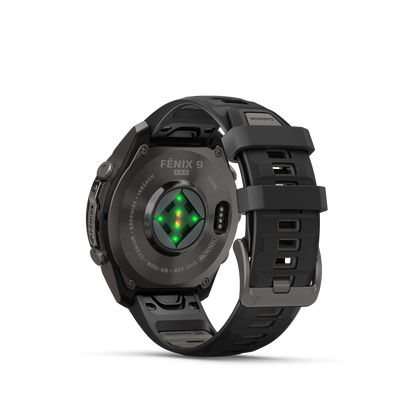 Garmin Fenix 9 Pro inReach AMOLED 47mm DLC titanium smartwatch with black and gray silicone band