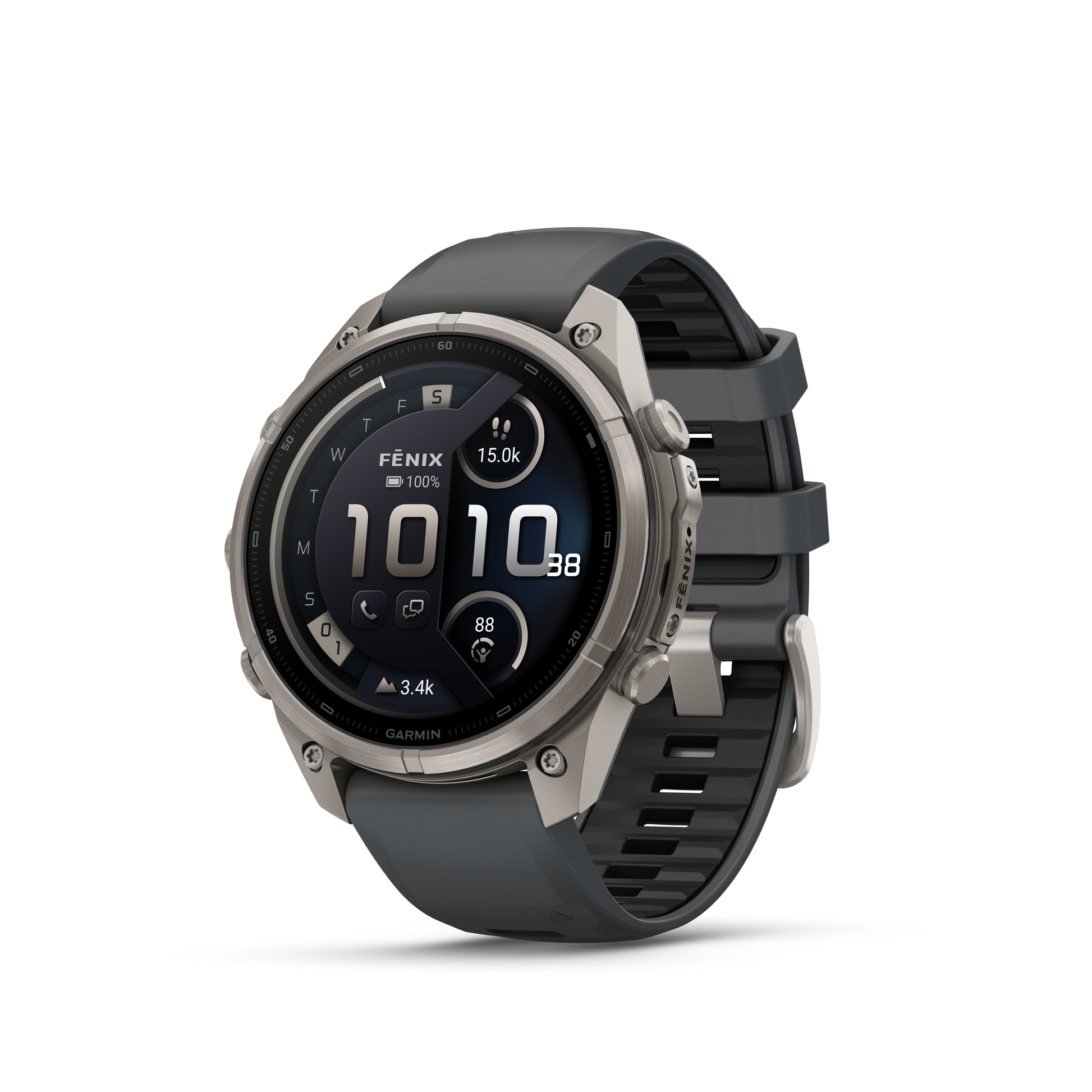 Garmin Fenix 9 Pro inReach AMOLED 47mm titanium smartwatch with graphite bezel and black silicone band