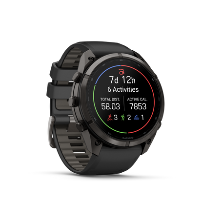 Garmin Fenix 9 Pro inReach AMOLED 51mm DLC titanium smartwatch with black and gray silicone band