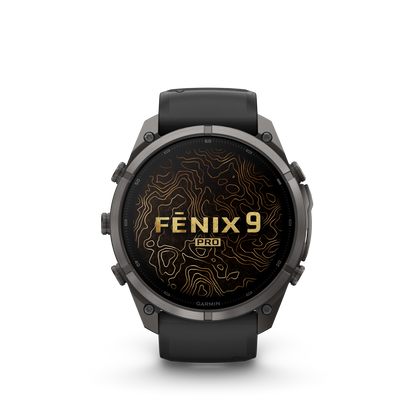 Garmin Fenix 9 Pro inReach AMOLED smartwatch with 51mm DLC titanium case and black-gray silicone band