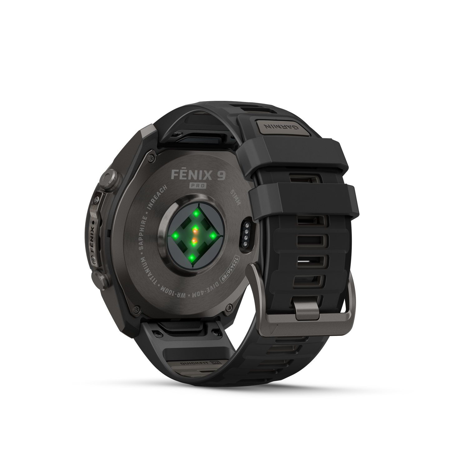 Garmin Fenix 9 Pro inReach AMOLED smartwatch with DLC titanium case and black/gray silicone band (back view)