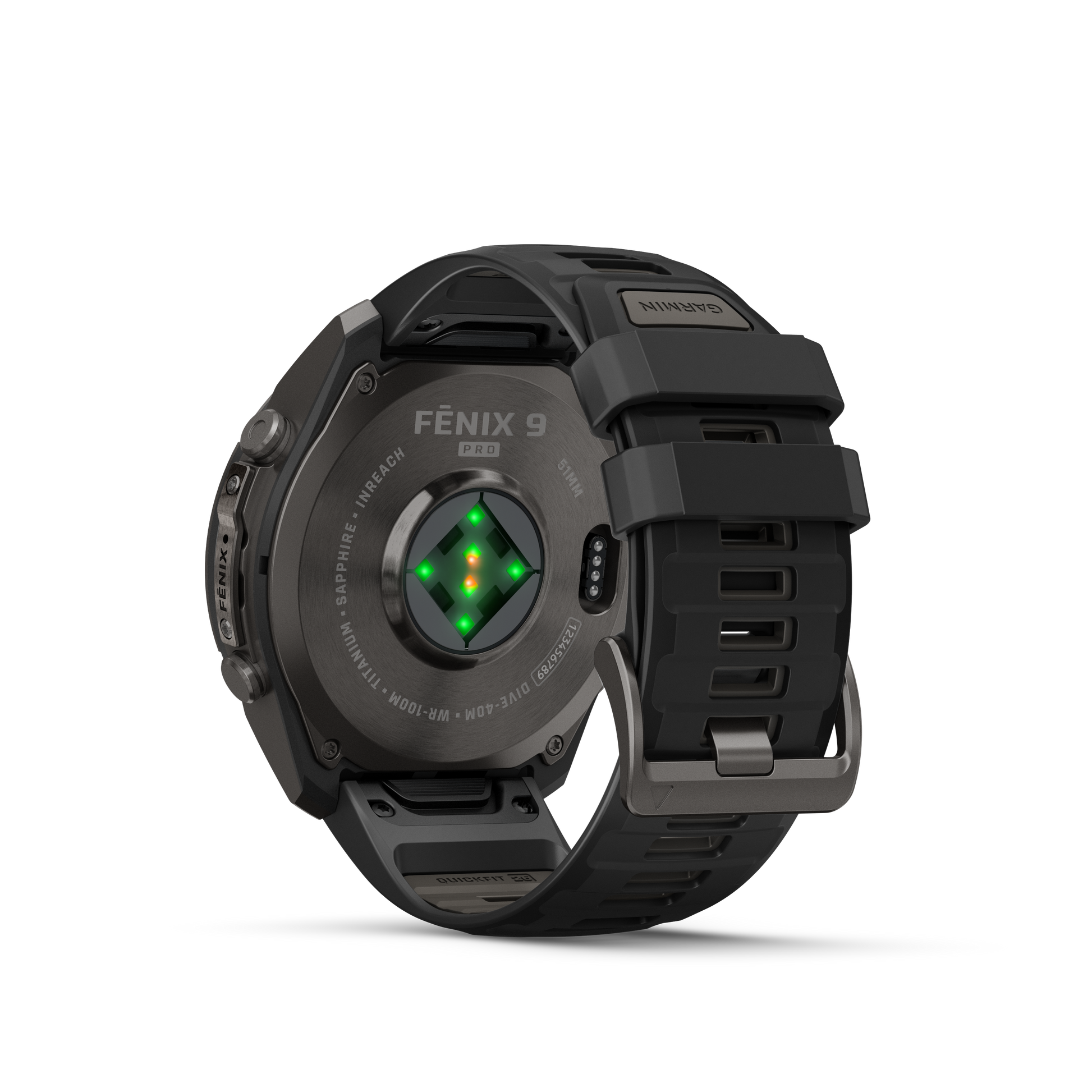 Garmin Fenix 9 Pro inReach AMOLED smartwatch with DLC titanium case and black/gray silicone band (back view)