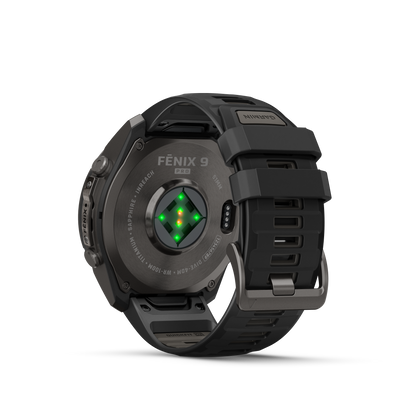 Garmin Fenix 9 Pro inReach AMOLED smartwatch with DLC titanium case and black/gray silicone band (back view)